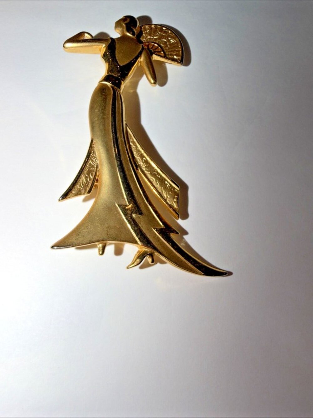 Vintage Elegant woman with gown, fan, brooch marked JJ in back, 1930s era